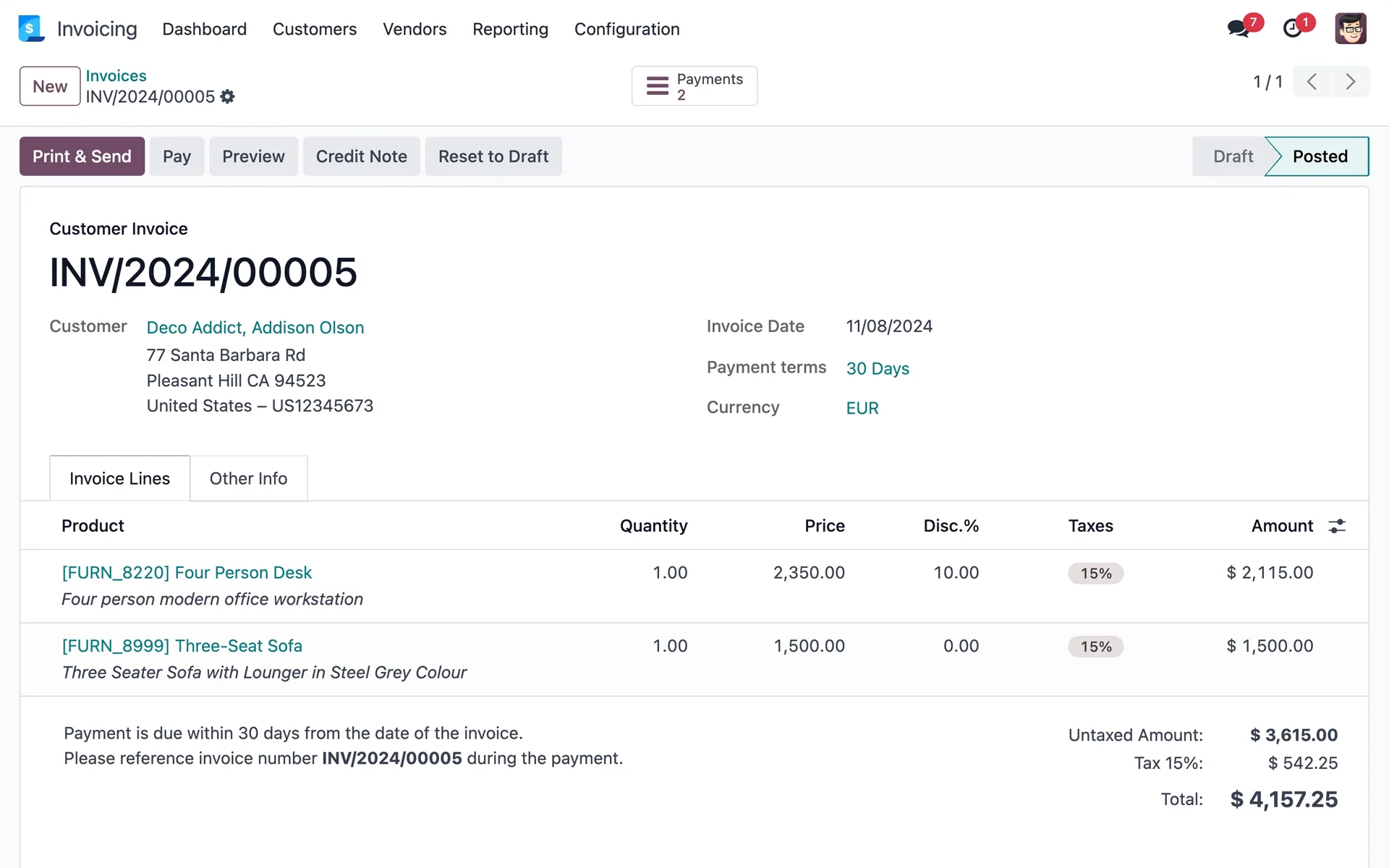 Screenshot of Odoo Invoicing — The Invoicing app with a customer invoice open — the vendor’s generic demo, not a UAE configuration