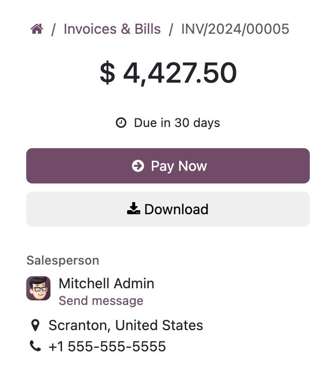 Screenshot of Odoo Invoicing — The customer portal, where a client views and pays an invoice